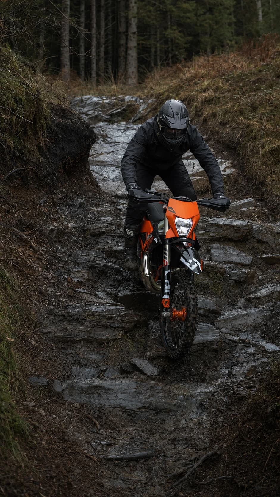An enduro rider descending a steep, wet rock trail through woodland