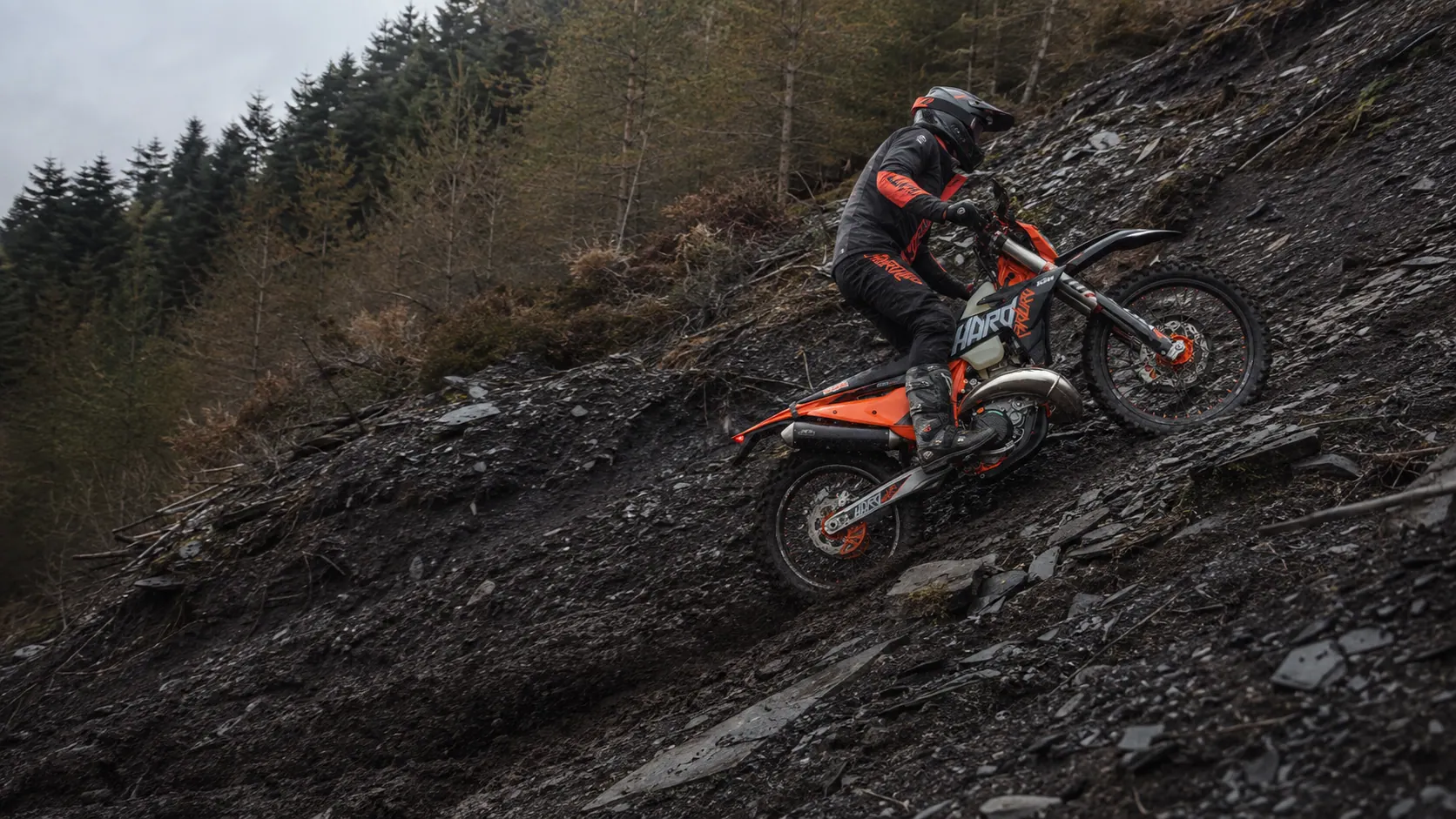 A rider tackling a technical British woodland section on a KTM 300 EXC HARDENDURO